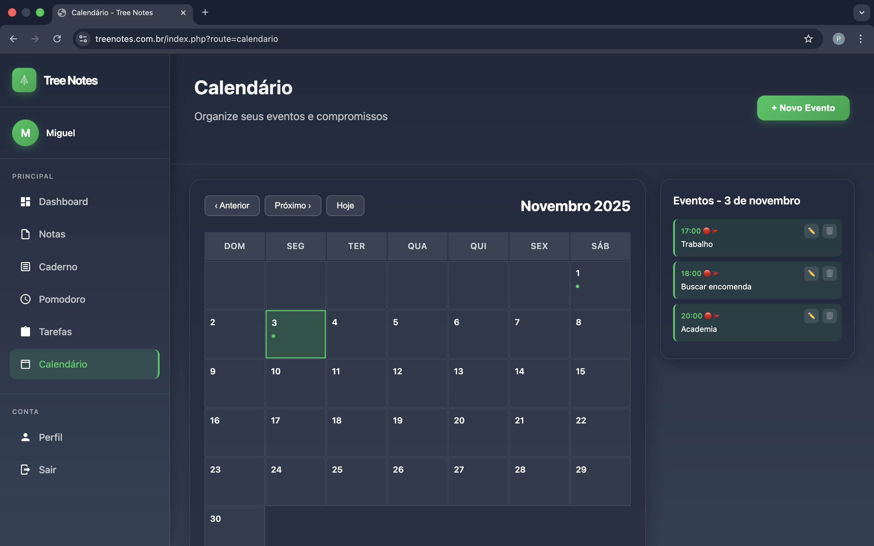 Interface do Calendário Tree Notes
